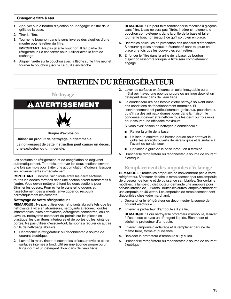 Entretien du réfrigérateur, Avertissement, Nettoyage | Remplacement des ampoules d’éclairage | KITCHENAID W10162441A User Manual | Page 15 / 20