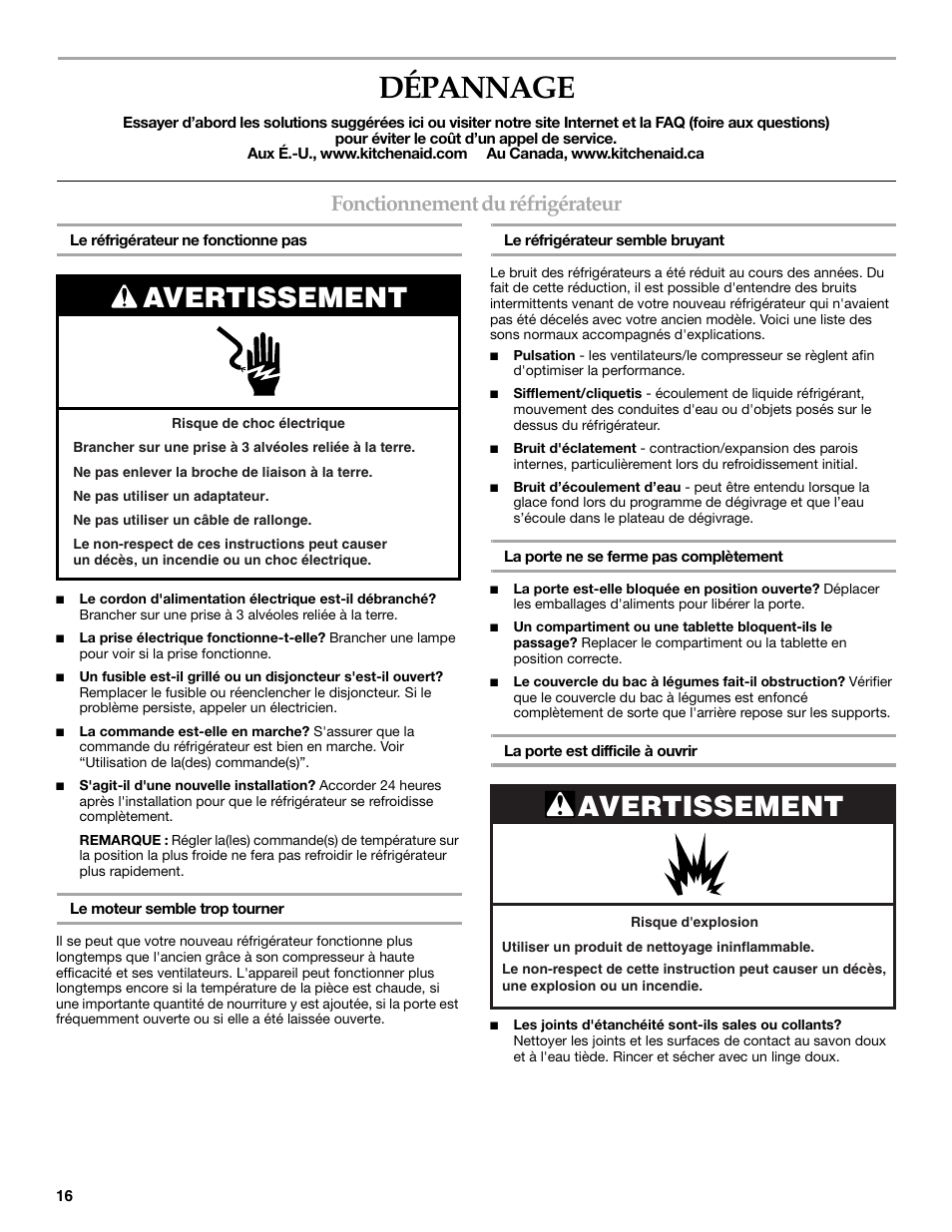 Dépannage, Avertissement, Fonctionnement du réfrigérateur | KITCHENAID W10162441A User Manual | Page 16 / 20