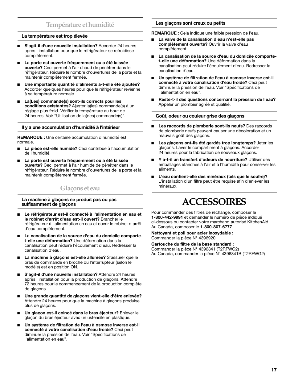 Accessoires, Température et humidité, Glaçons et eau | KITCHENAID W10162441A User Manual | Page 17 / 20