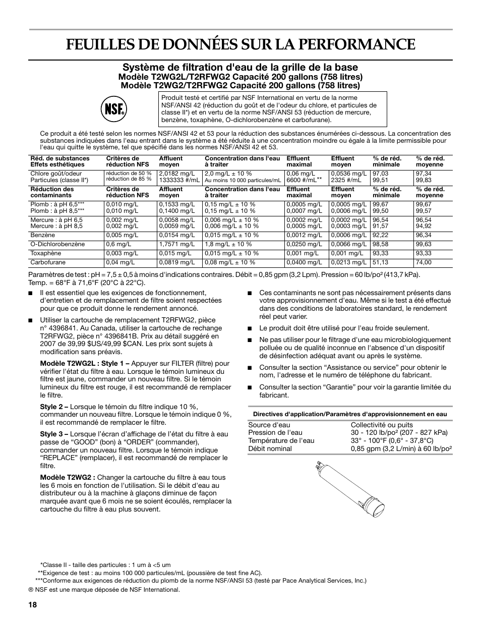 Feuilles de données sur la performance | KITCHENAID W10162441A User Manual | Page 18 / 20