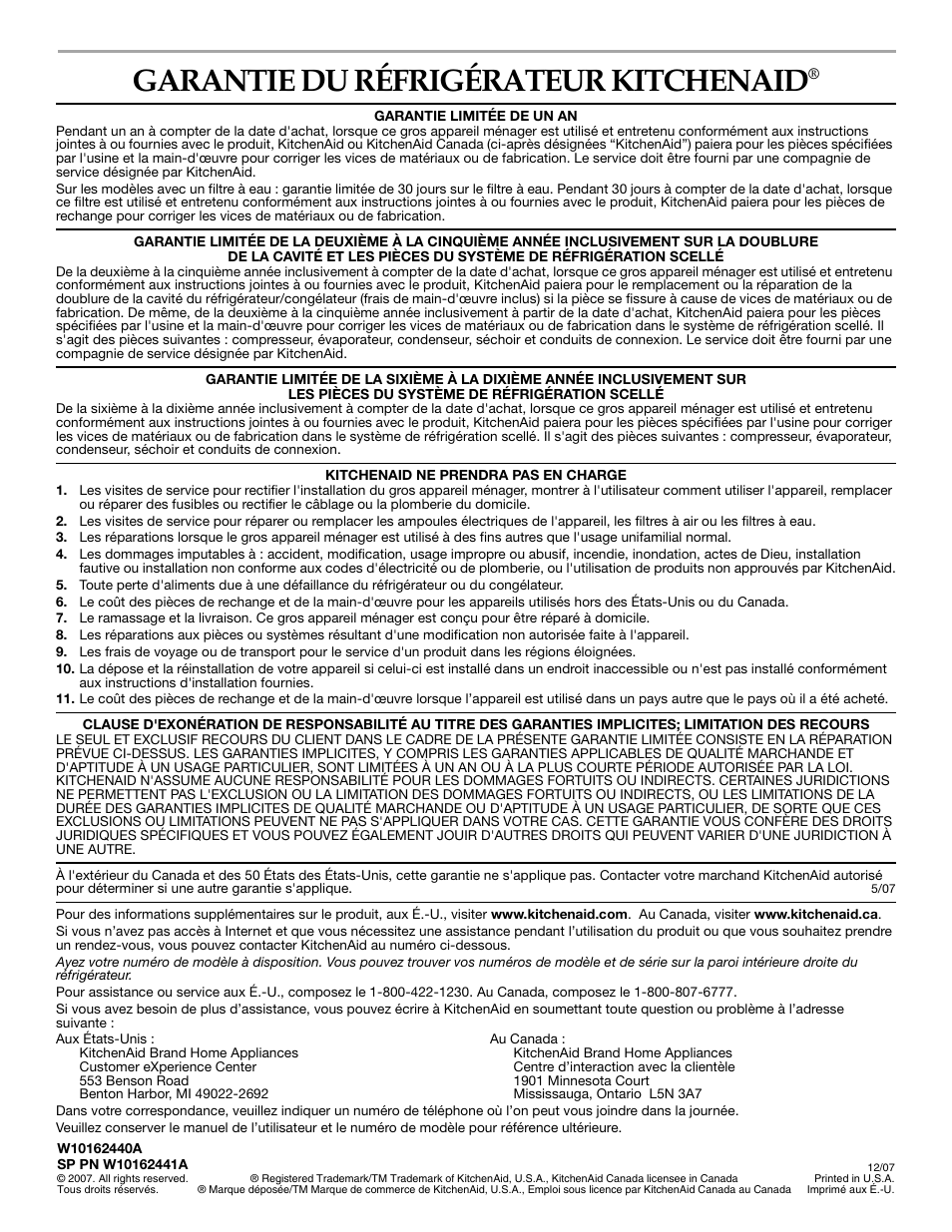 Garantie du réfrigérateur kitchenaid | KITCHENAID W10162441A User Manual | Page 20 / 20