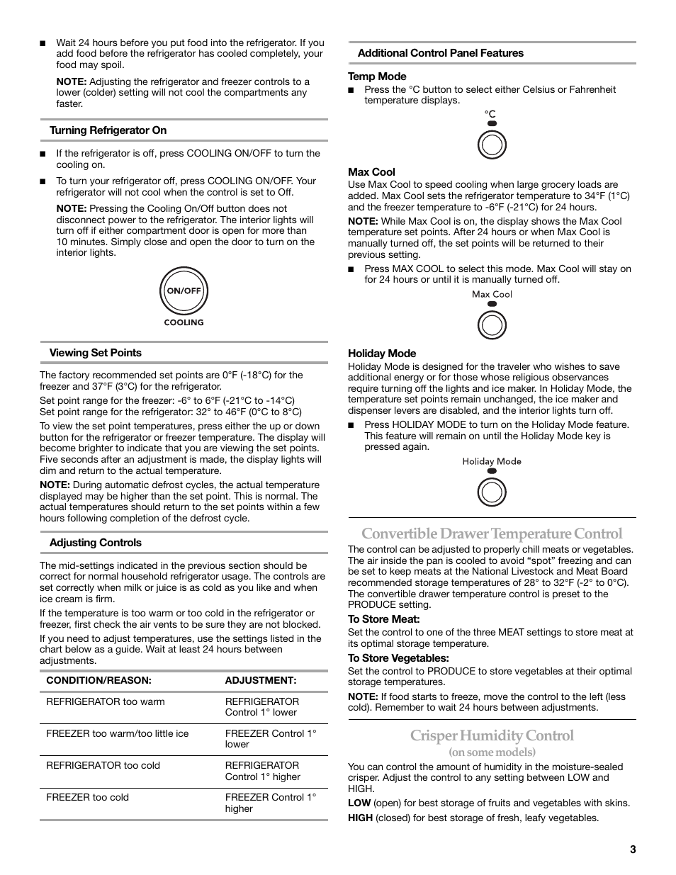 Convertible drawer temperature control, Crisper humidity control | KITCHENAID W10162441A User Manual | Page 3 / 20