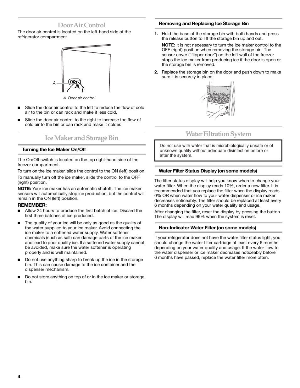 Door air control, Ice maker and storage bin, Water filtration system | KITCHENAID W10162441A User Manual | Page 4 / 20