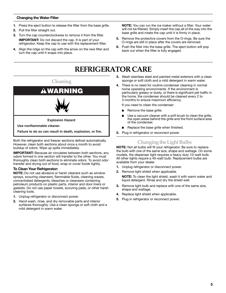 Refrigerator care, Warning, Cleaning | Changing the light bulbs | KITCHENAID W10162441A User Manual | Page 5 / 20