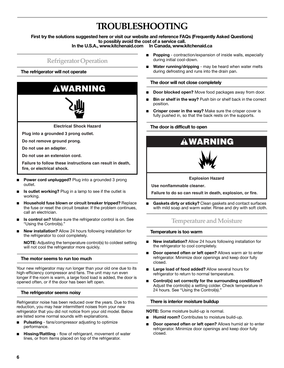 Troubleshooting, Warning, Refrigerator operation | Temperature and moisture | KITCHENAID W10162441A User Manual | Page 6 / 20