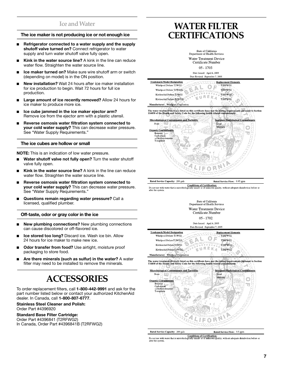 Accessories, Water filter certifications, Ice and water | KITCHENAID W10162441A User Manual | Page 7 / 20