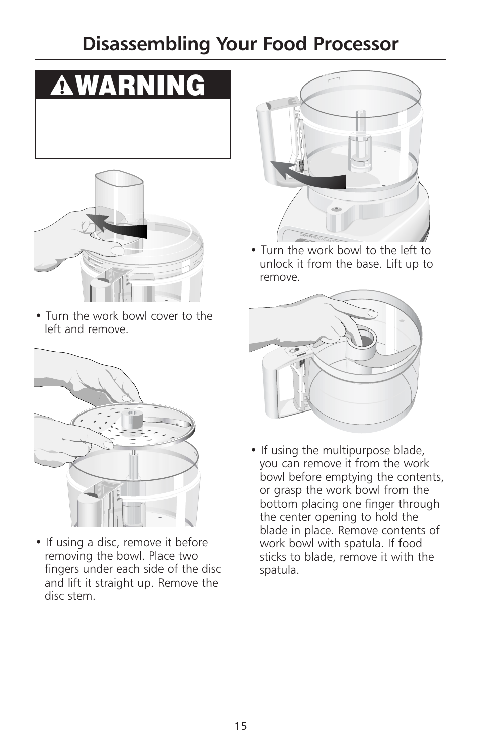 Warning, Disassembling your food processor | KITCHENAID 670 User Manual | Page 17 / 92