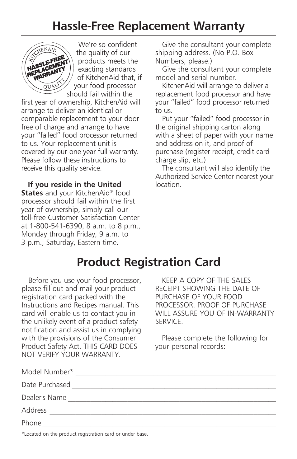 Hassle-free replacement warranty, Product registration card | KITCHENAID 670 User Manual | Page 2 / 92