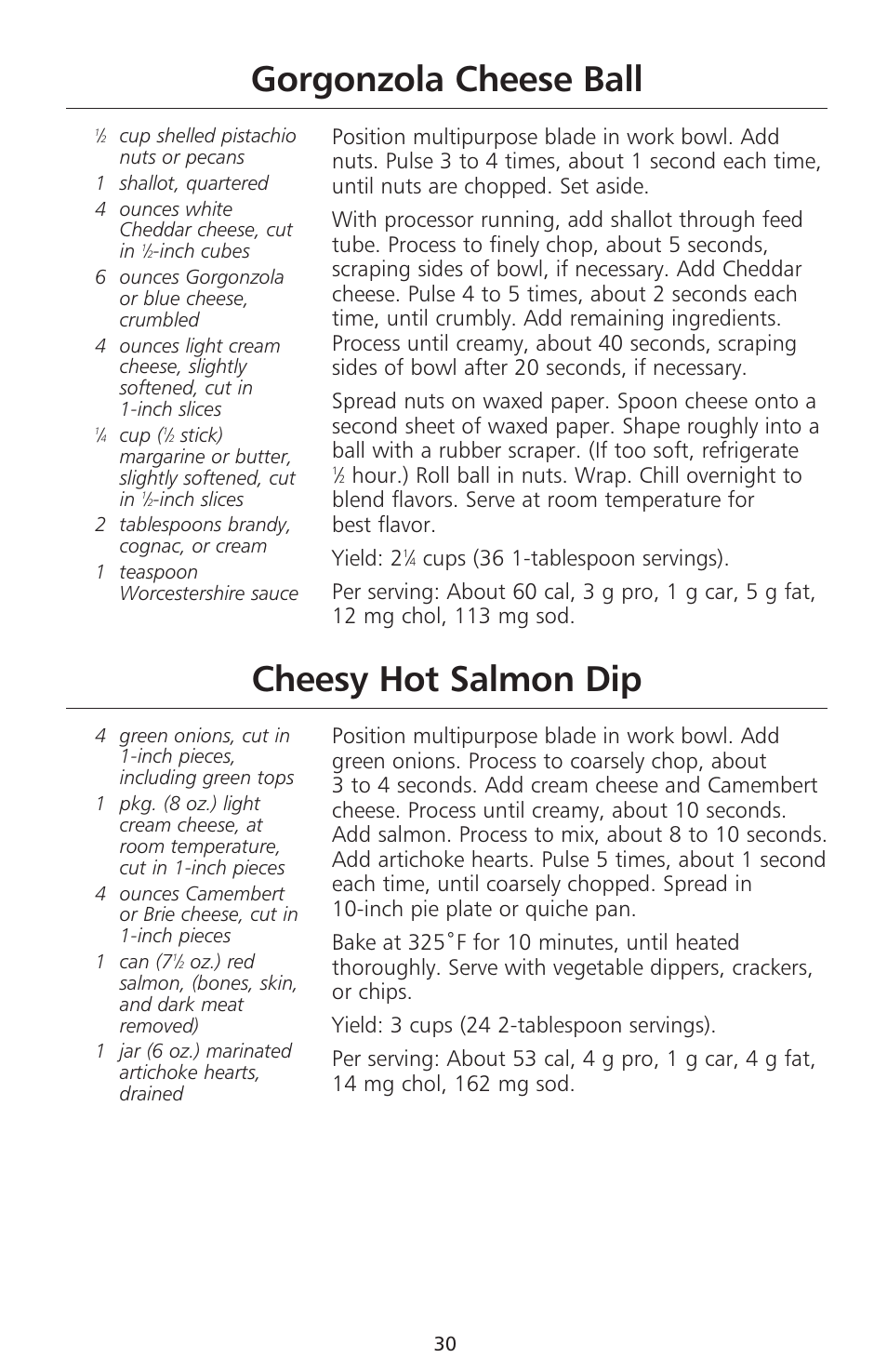 Gorgonzola cheese ball, Cheesy hot salmon dip | KITCHENAID 670 User Manual | Page 32 / 92