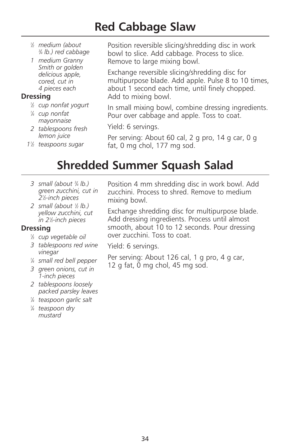 Red cabbage slaw, Shredded summer squash salad, Dressing | KITCHENAID 670 User Manual | Page 36 / 92