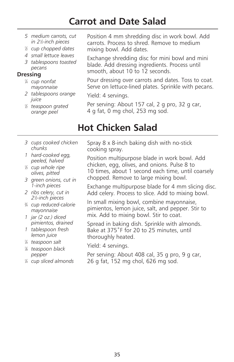 Carrot and date salad, Hot chicken salad, Dressing | KITCHENAID 670 User Manual | Page 37 / 92