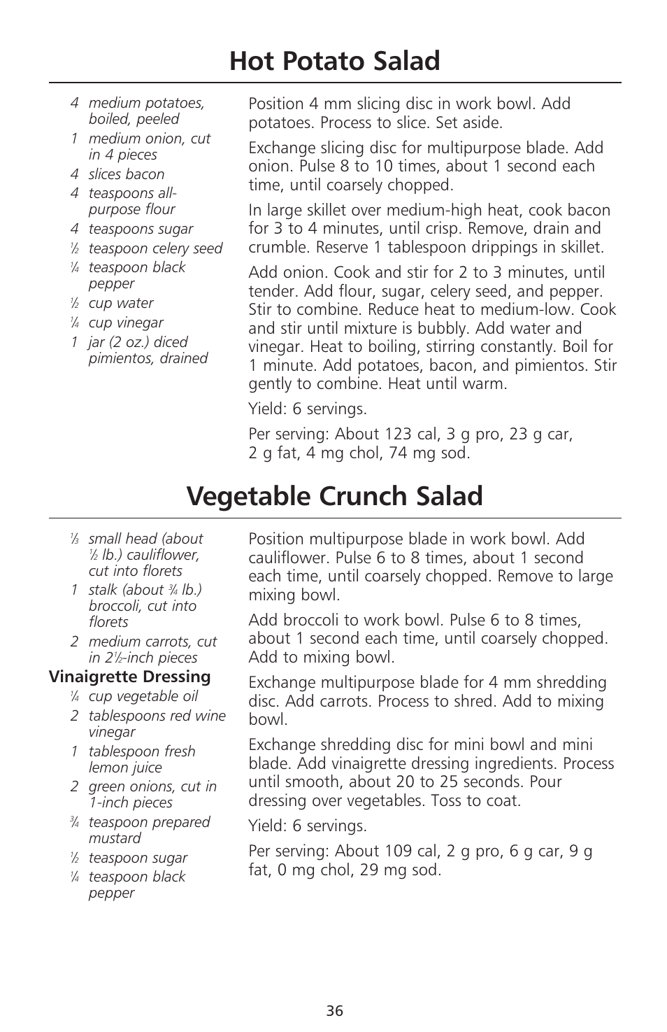 Vegetable crunch salad, Hot potato salad, Vinaigrette dressing | KITCHENAID 670 User Manual | Page 38 / 92