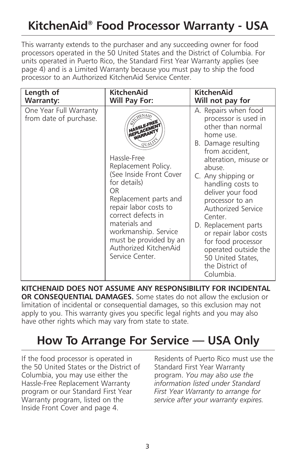 Kitchenaid, Food processor warranty - usa, How to arrange for service — usa only | KITCHENAID 670 User Manual | Page 5 / 92