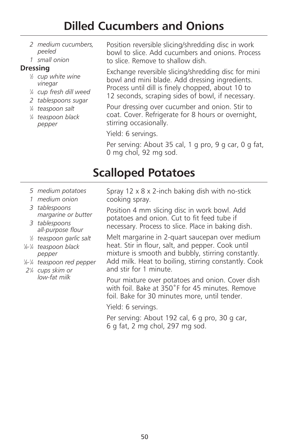 Dilled cucumbers and onions, Scalloped potatoes, Dressing | KITCHENAID 670 User Manual | Page 52 / 92