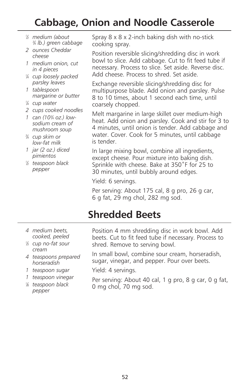 Cabbage, onion and noodle casserole, Shredded beets | KITCHENAID 670 User Manual | Page 54 / 92