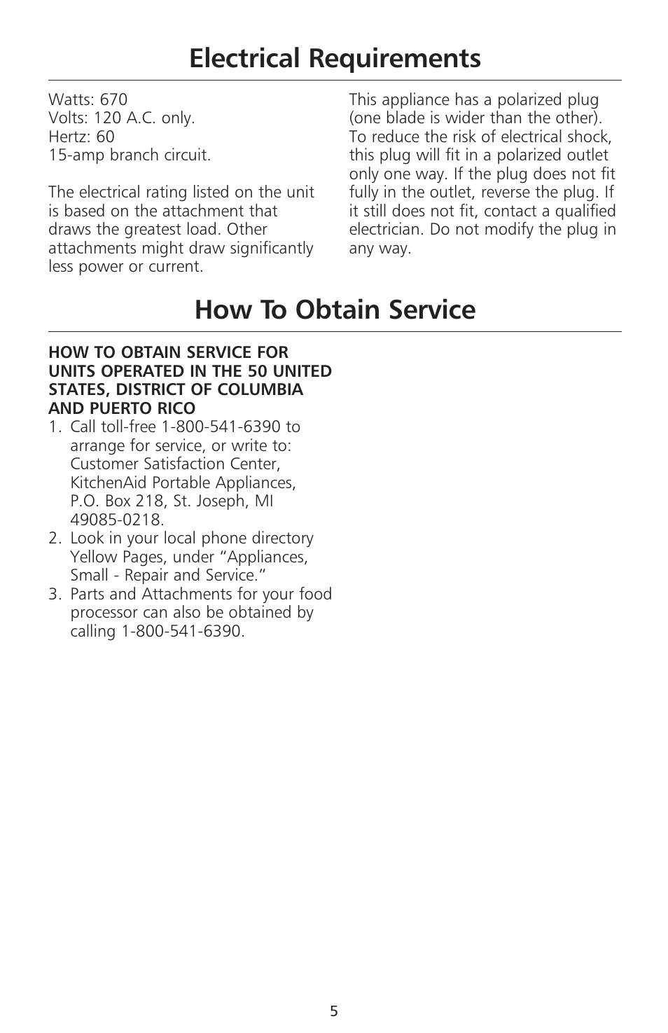 Electrical requirements, How to obtain service | KITCHENAID 670 User Manual | Page 7 / 92