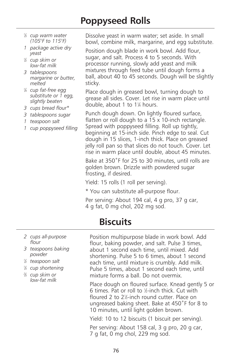 Biscuits, Poppyseed rolls, Inch thick. cut with floured 2 to 2 | KITCHENAID 670 User Manual | Page 78 / 92