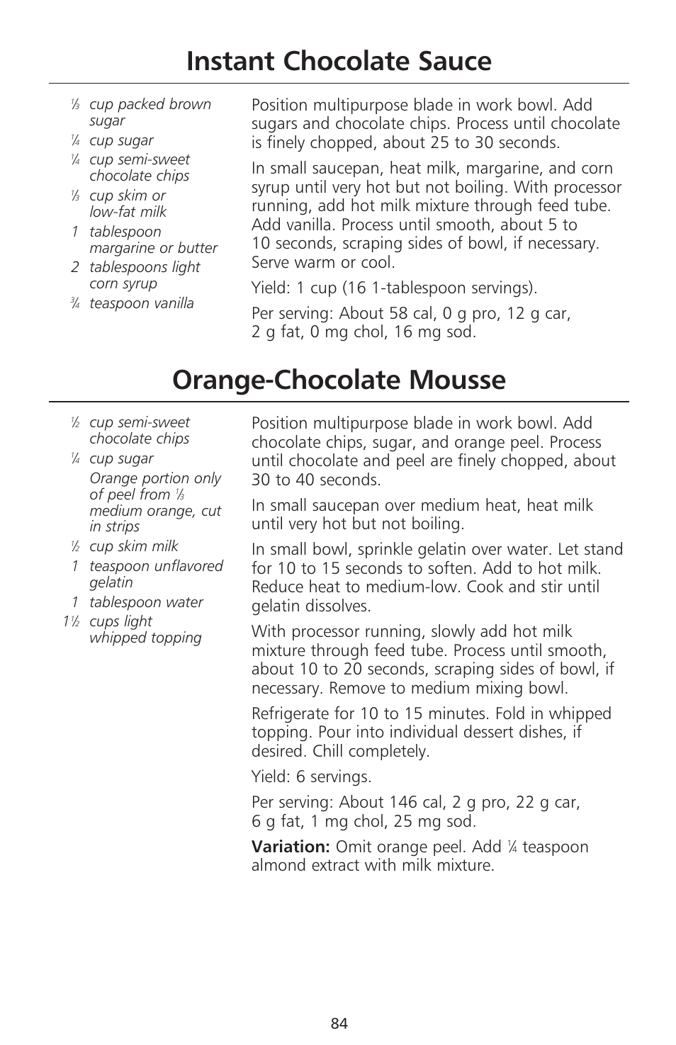 Instant chocolate sauce, Orange-chocolate mousse, Teaspoon almond extract with milk mixture | KITCHENAID 670 User Manual | Page 86 / 92