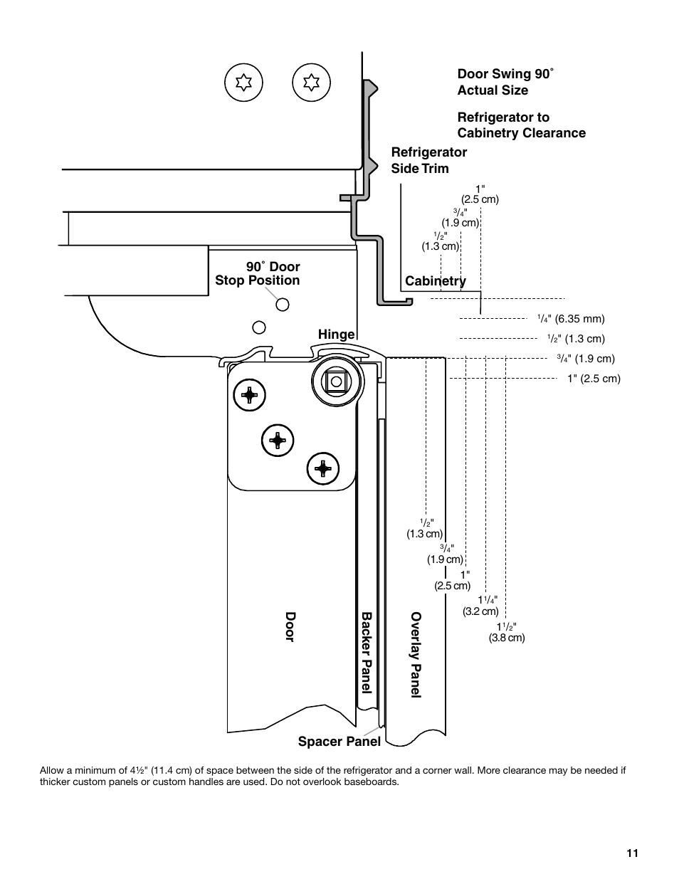 Spacer panel cabinetry, 90˚ door stop position | KITCHENAID Bottom-Mount Built-In Refrigerator User Manual | Page 11 / 84