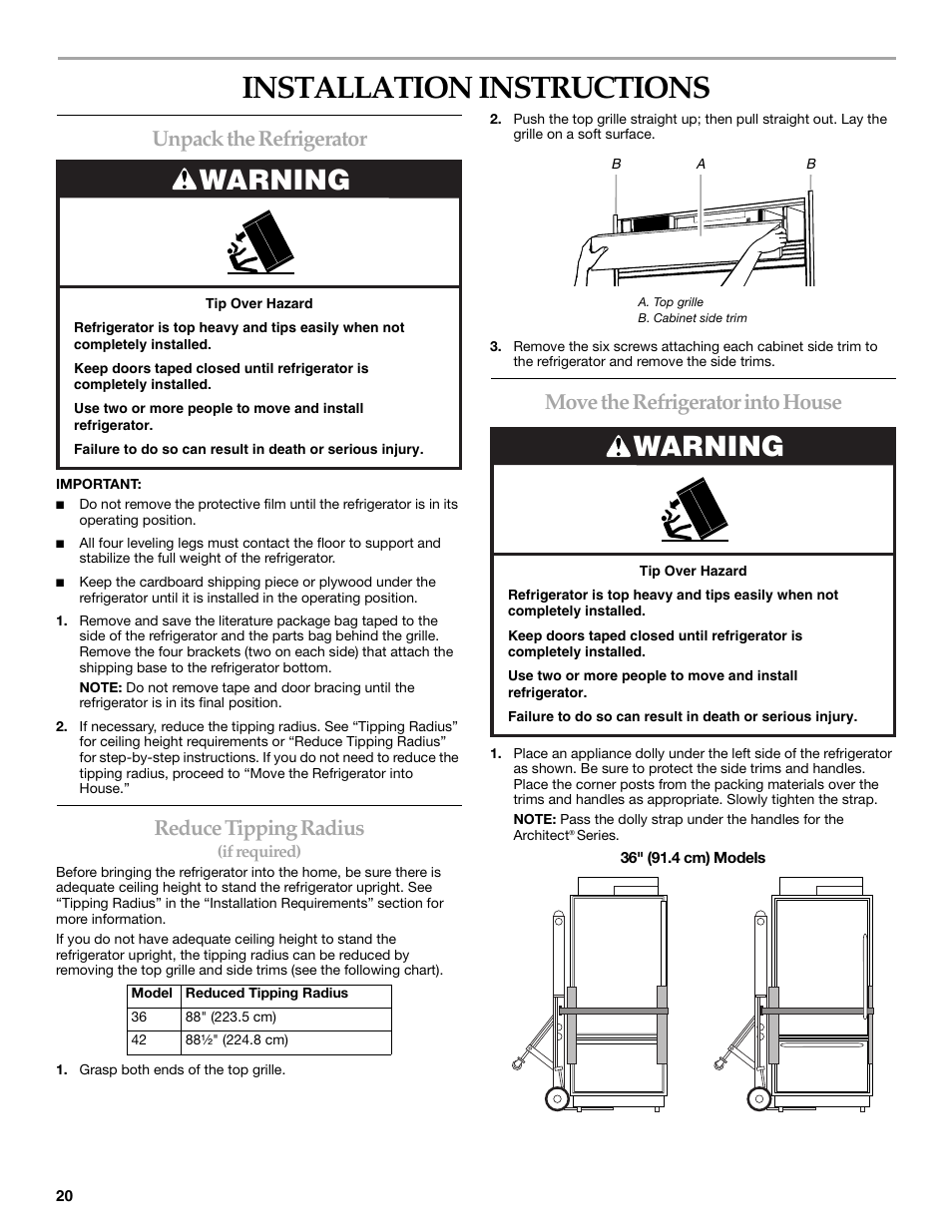 Installation instructions, Warning, Unpack the refrigerator | Reduce tipping radius, Move the refrigerator into house | KITCHENAID Bottom-Mount Built-In Refrigerator User Manual | Page 20 / 84