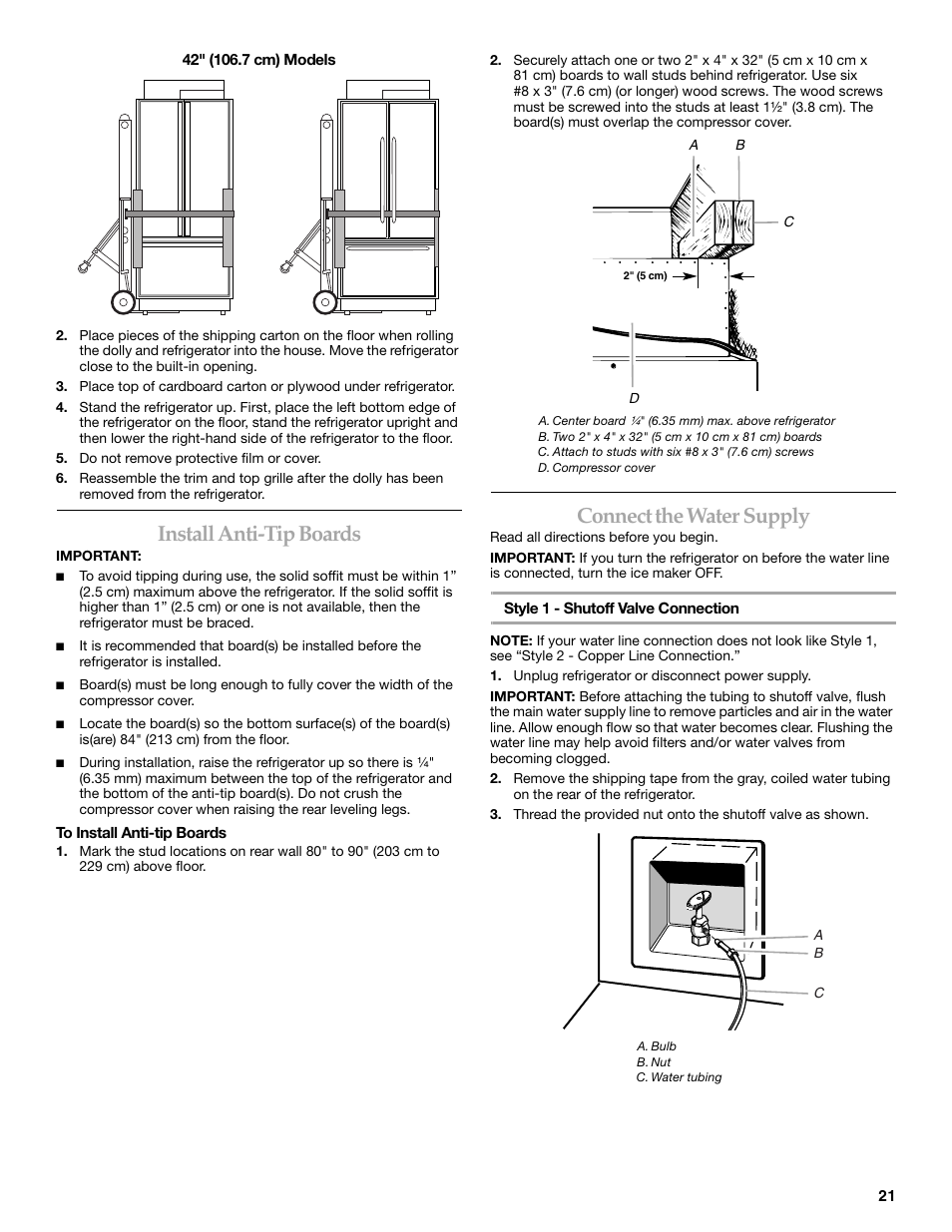 Install anti-tip boards, Connect the water supply | KITCHENAID Bottom-Mount Built-In Refrigerator User Manual | Page 21 / 84