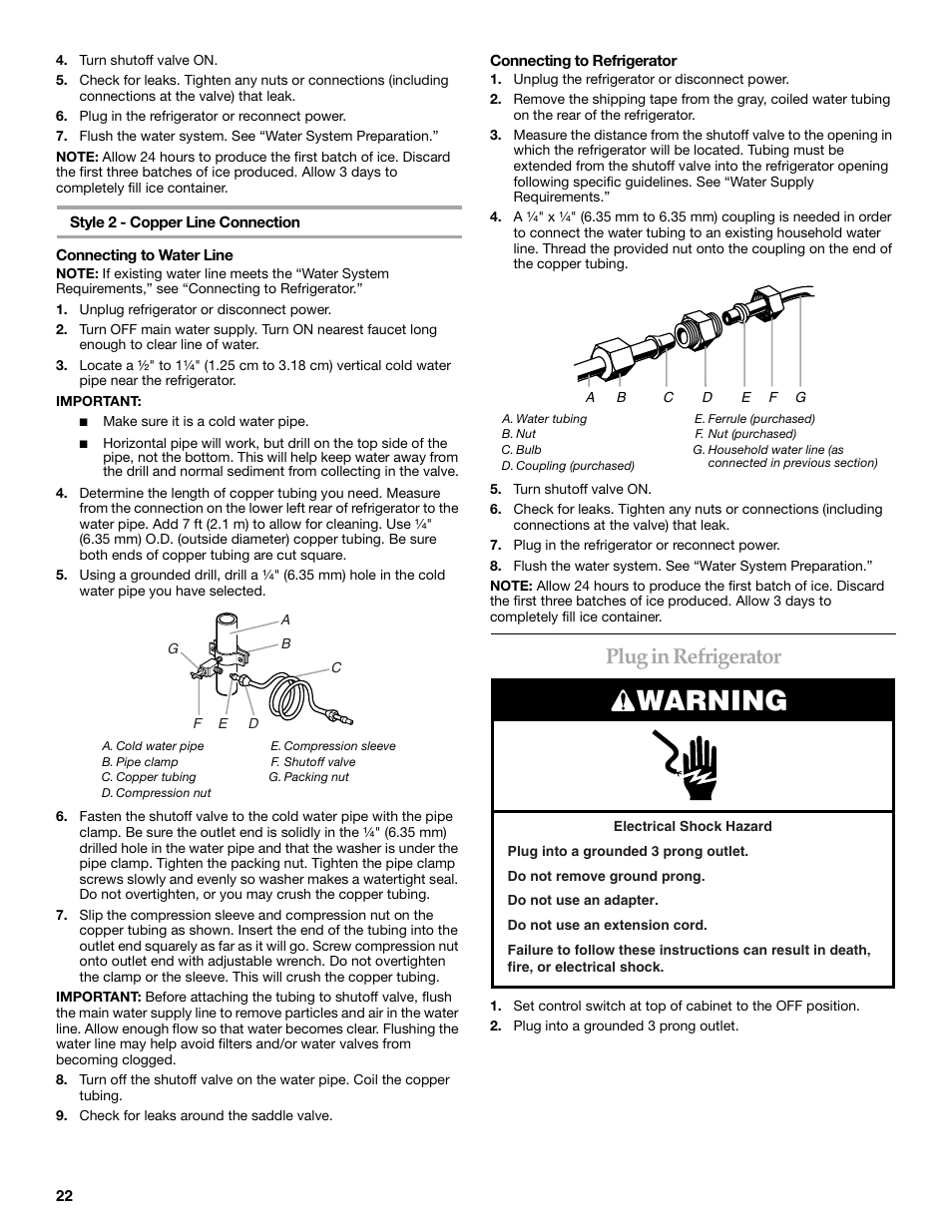 Warning, Plug in refrigerator | KITCHENAID Bottom-Mount Built-In Refrigerator User Manual | Page 22 / 84