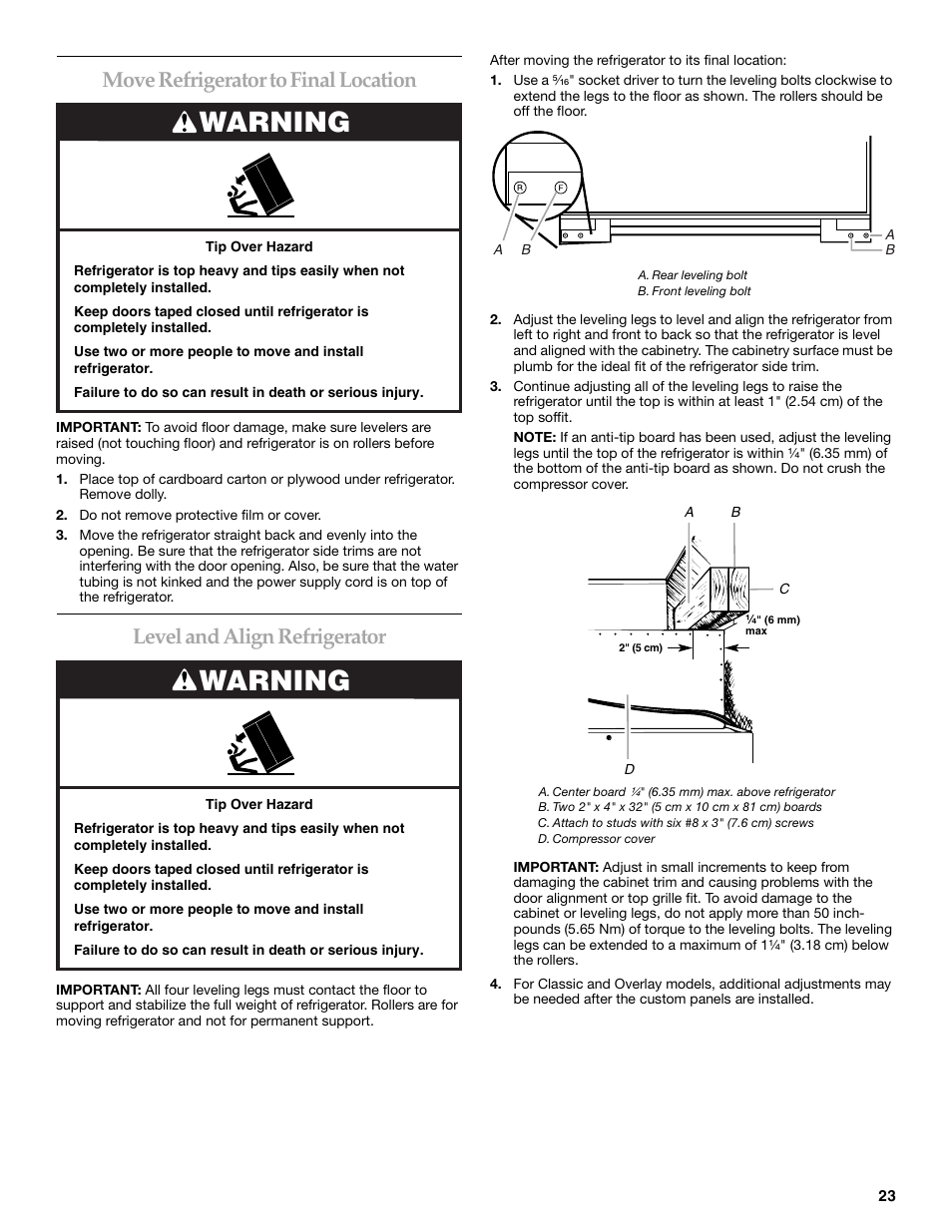 Warning, Move refrigerator to final location, Level and align refrigerator | KITCHENAID Bottom-Mount Built-In Refrigerator User Manual | Page 23 / 84