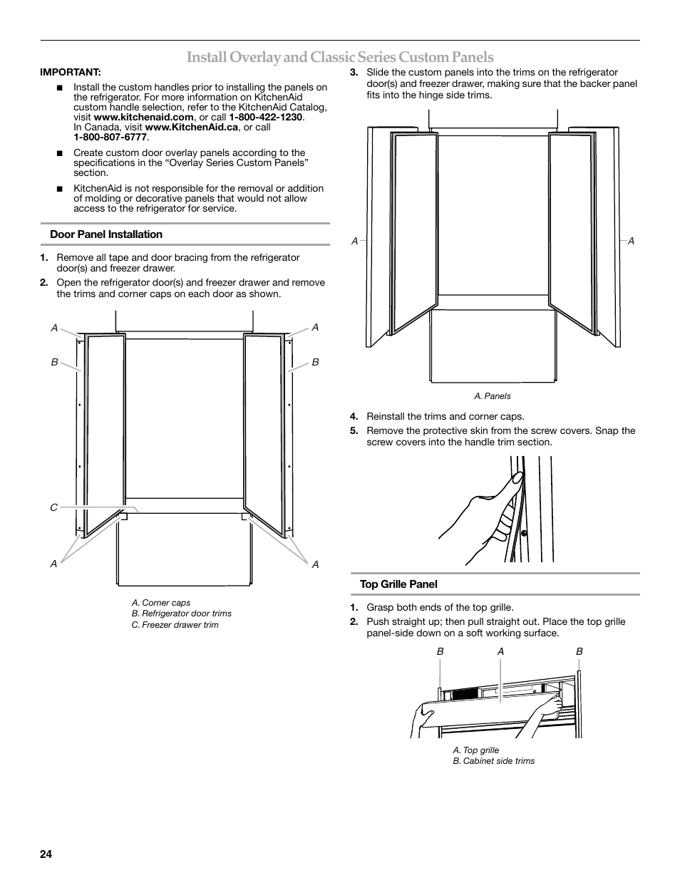 Install overlay and classic series custom panels | KITCHENAID Bottom-Mount Built-In Refrigerator User Manual | Page 24 / 84