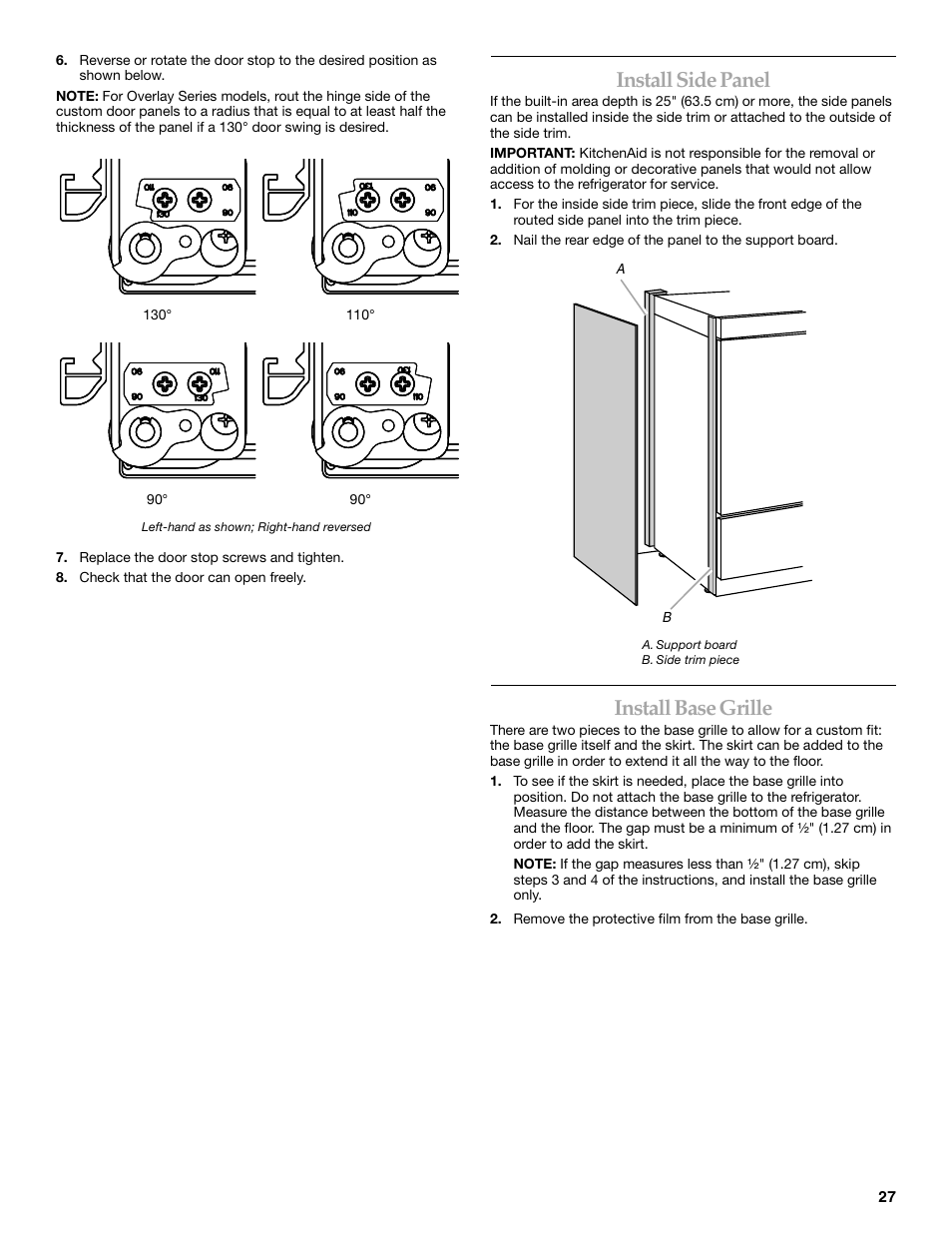 Install side panel, Install base grille | KITCHENAID Bottom-Mount Built-In Refrigerator User Manual | Page 27 / 84