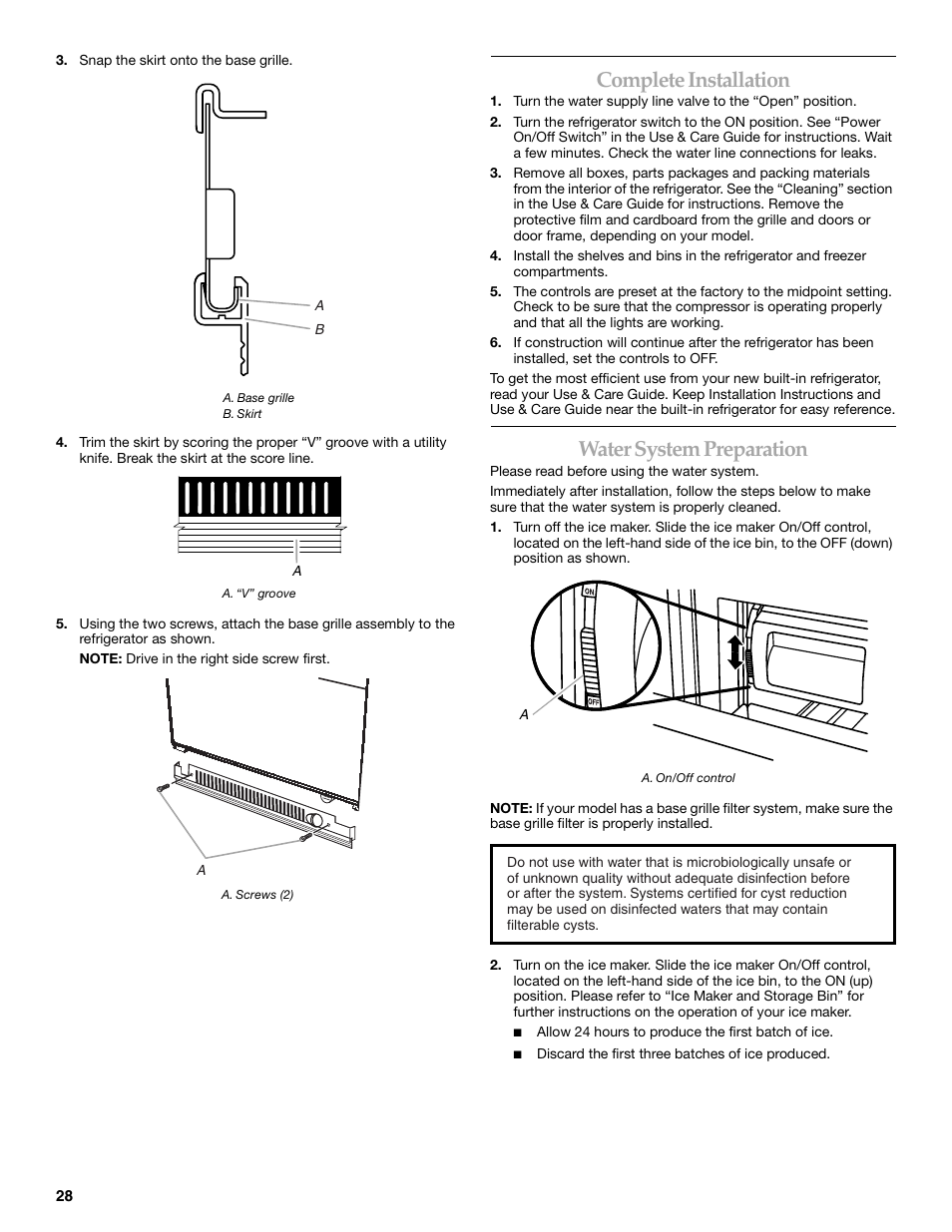 Complete installation, Water system preparation | KITCHENAID Bottom-Mount Built-In Refrigerator User Manual | Page 28 / 84