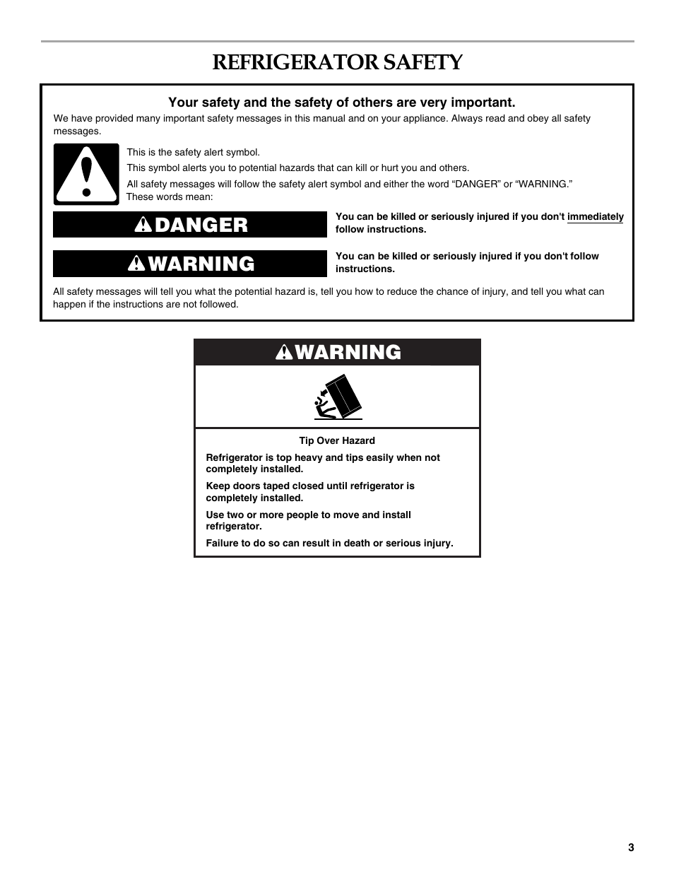 Refrigerator safety, Danger warning warning | KITCHENAID Bottom-Mount Built-In Refrigerator User Manual | Page 3 / 84