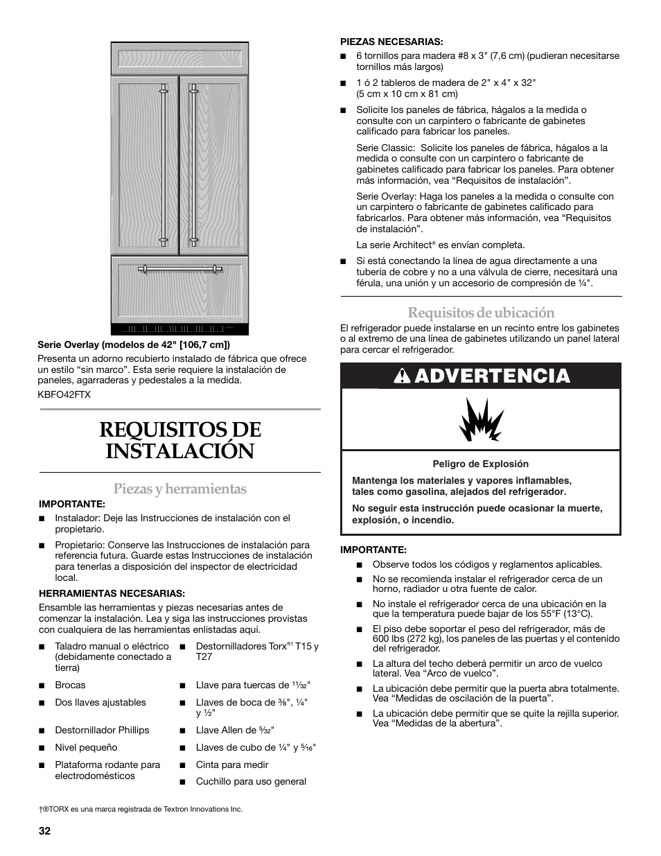 Requisitos de instalación, Advertencia, Piezas y herramientas | Requisitos de ubicación | KITCHENAID Bottom-Mount Built-In Refrigerator User Manual | Page 32 / 84