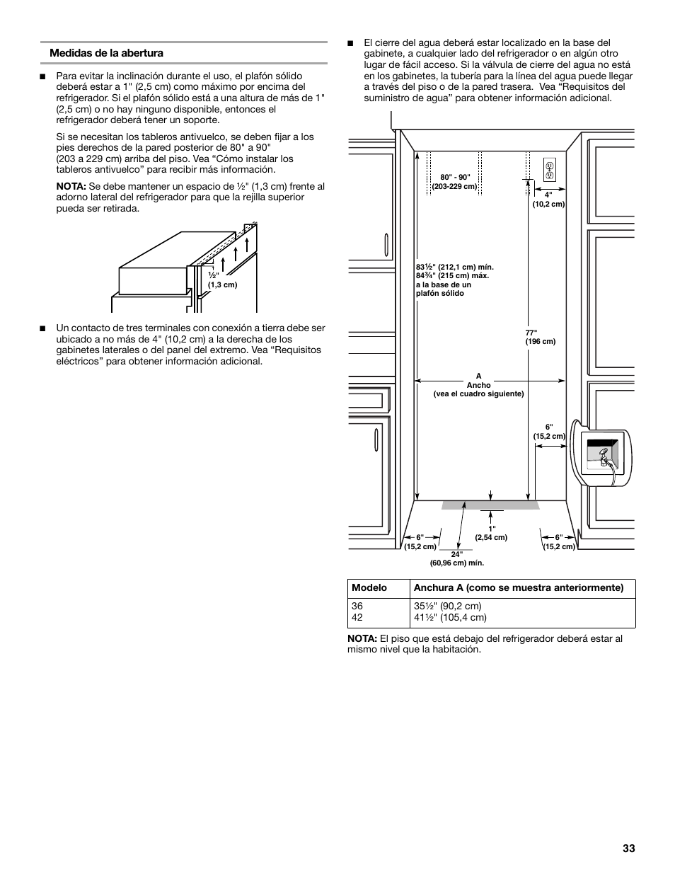 33 medidas de la abertura | KITCHENAID Bottom-Mount Built-In Refrigerator User Manual | Page 33 / 84