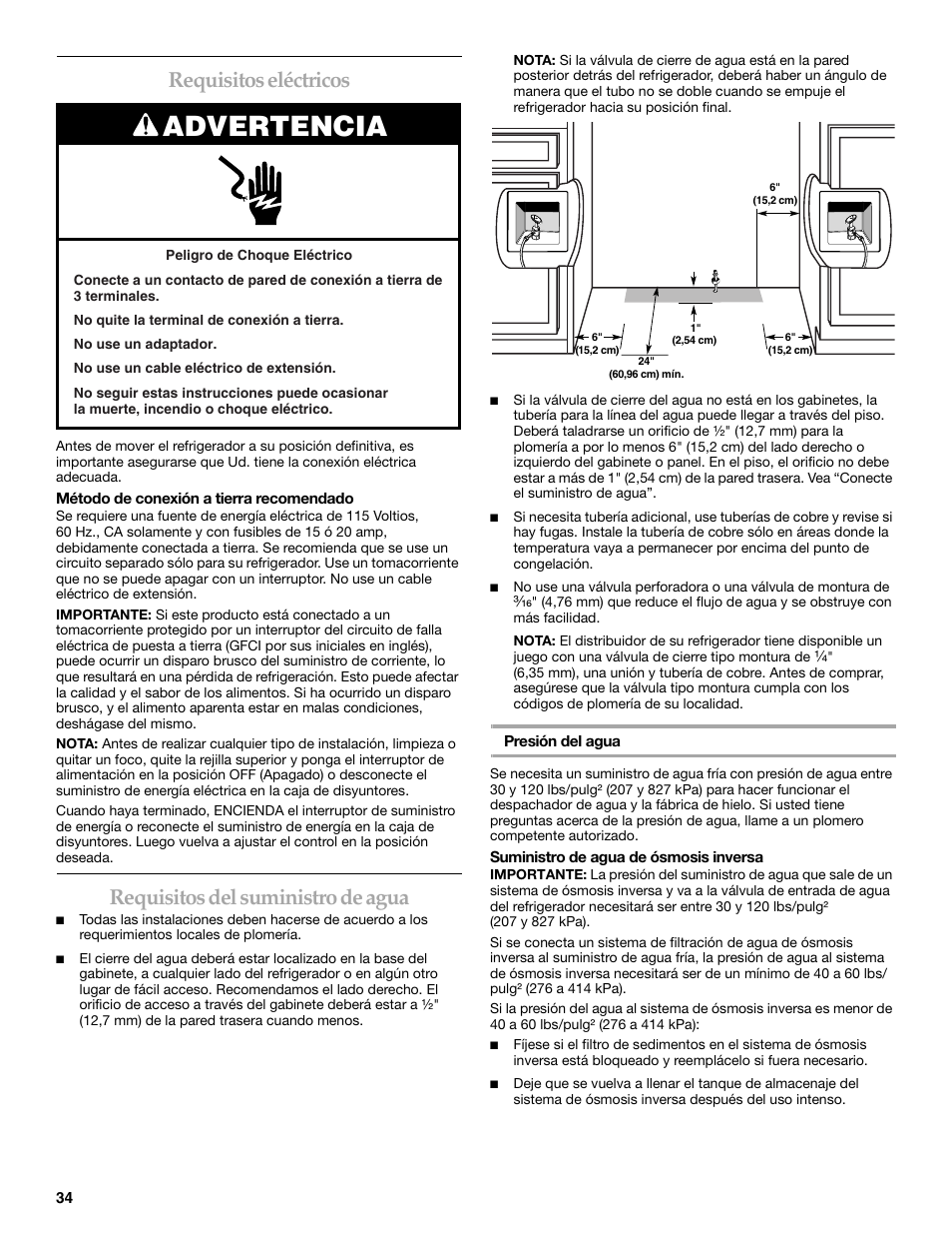 Advertencia, Requisitos eléctricos, Requisitos del suministro de agua | KITCHENAID Bottom-Mount Built-In Refrigerator User Manual | Page 34 / 84