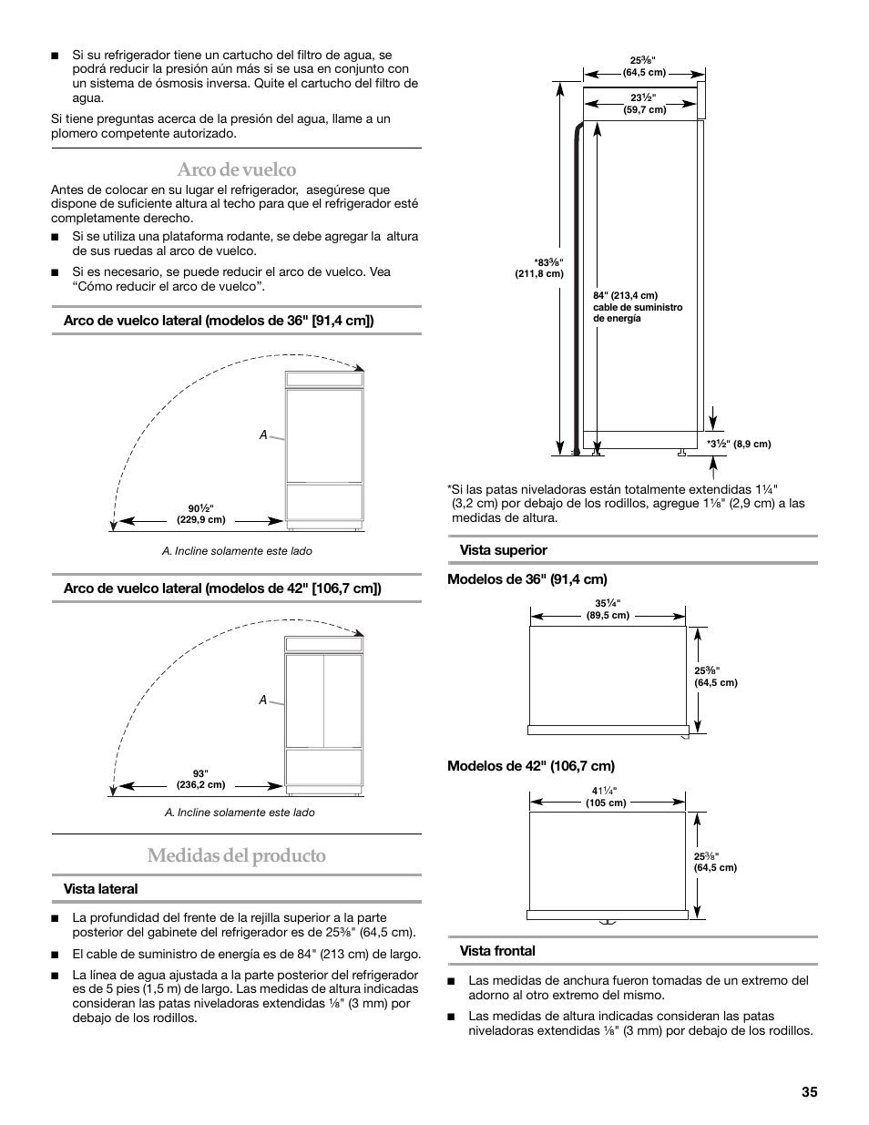 Arco de vuelco, Medidas del producto | KITCHENAID Bottom-Mount Built-In Refrigerator User Manual | Page 35 / 84