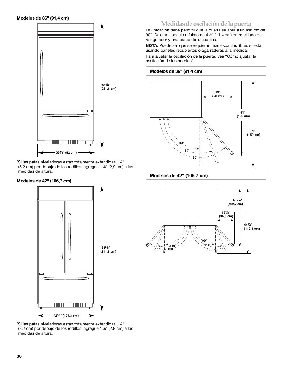 Medidas de oscilación de la puerta | KITCHENAID Bottom-Mount Built-In Refrigerator User Manual | Page 36 / 84