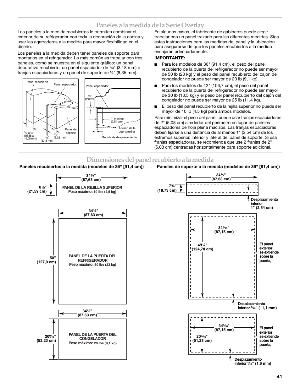 Paneles a la medida de la serie overlay, Dimensiones del panel recubierto a la medida | KITCHENAID Bottom-Mount Built-In Refrigerator User Manual | Page 41 / 84