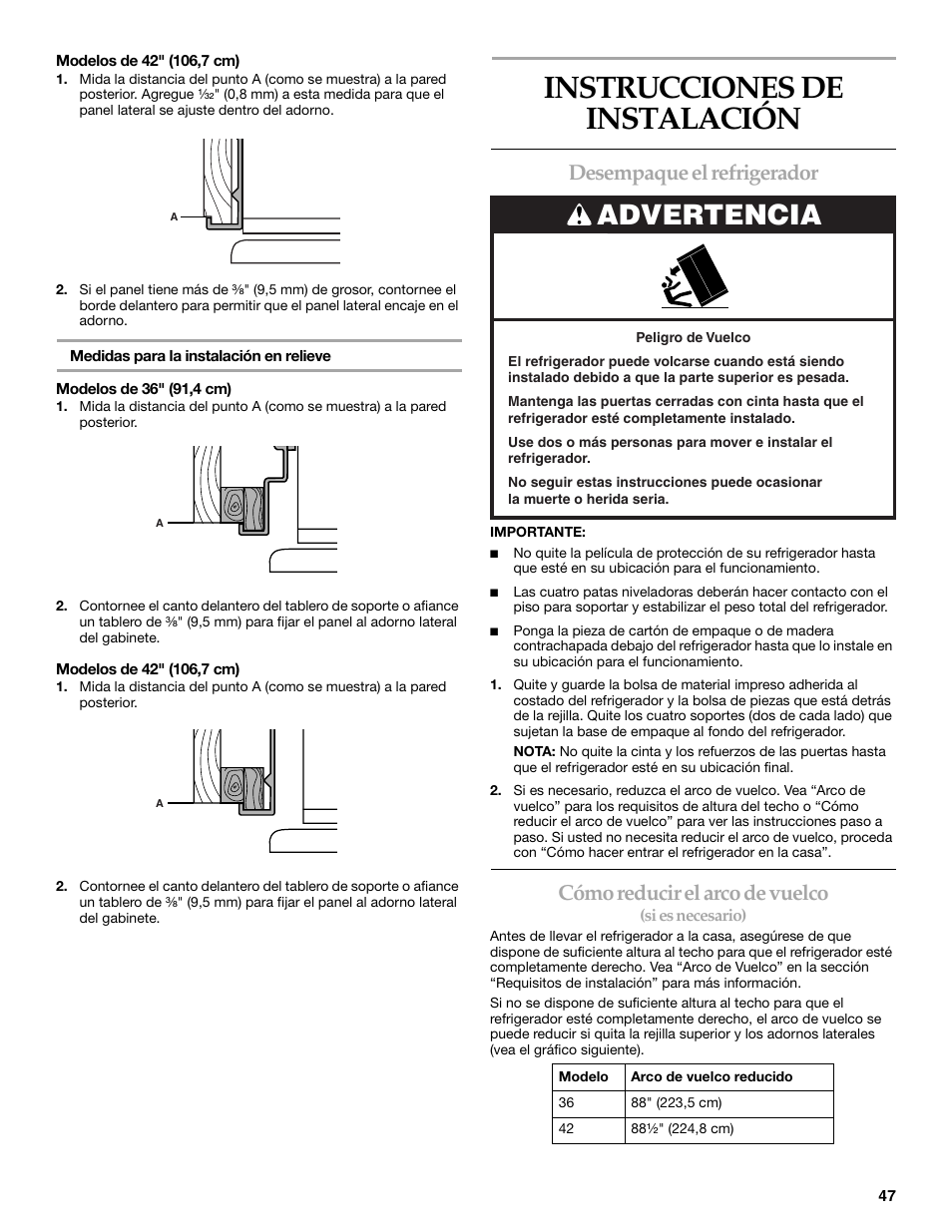 Instrucciones de instalación, Advertencia, Desempaque el refrigerador | Cómo reducir el arco de vuelco | KITCHENAID Bottom-Mount Built-In Refrigerator User Manual | Page 47 / 84