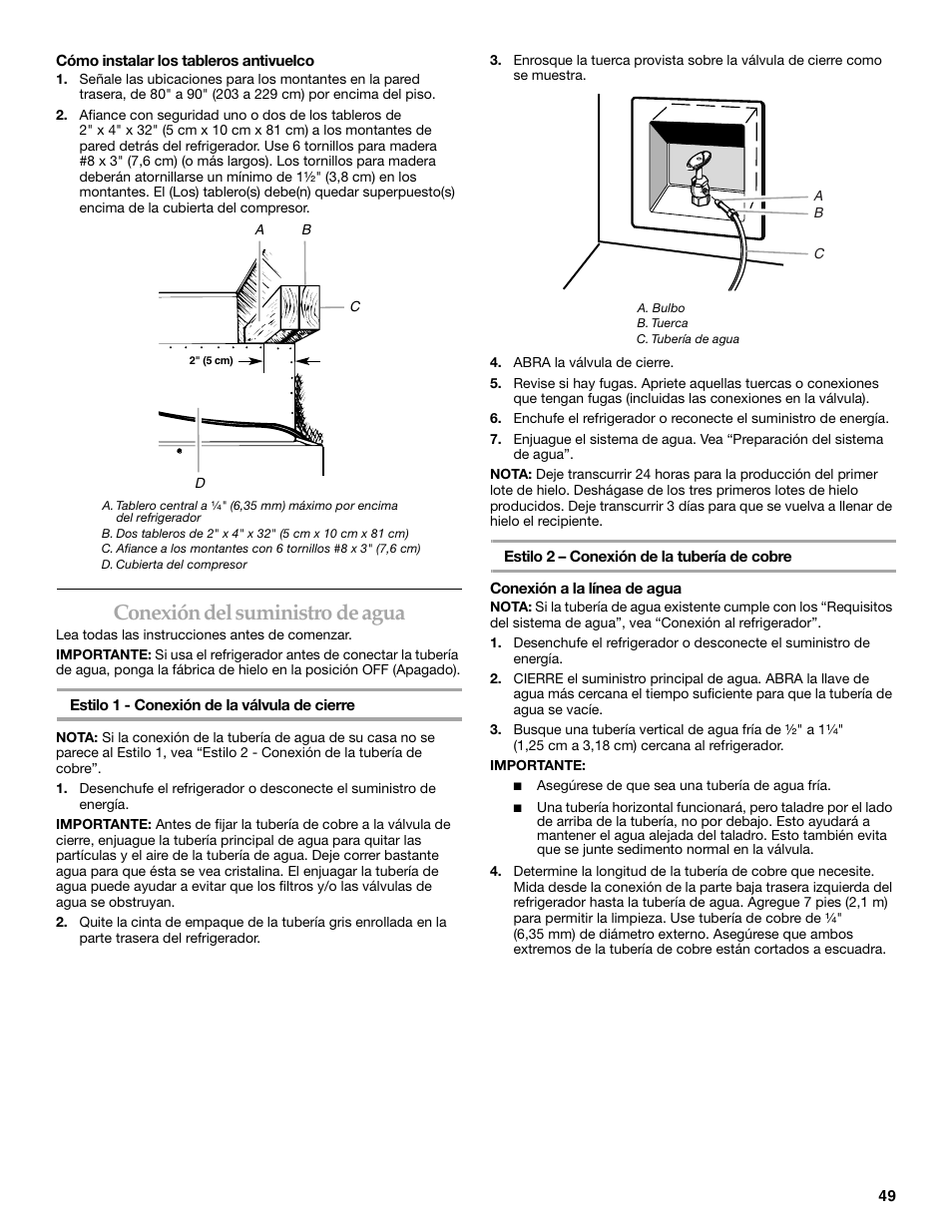 Conexión del suministro de agua | KITCHENAID Bottom-Mount Built-In Refrigerator User Manual | Page 49 / 84