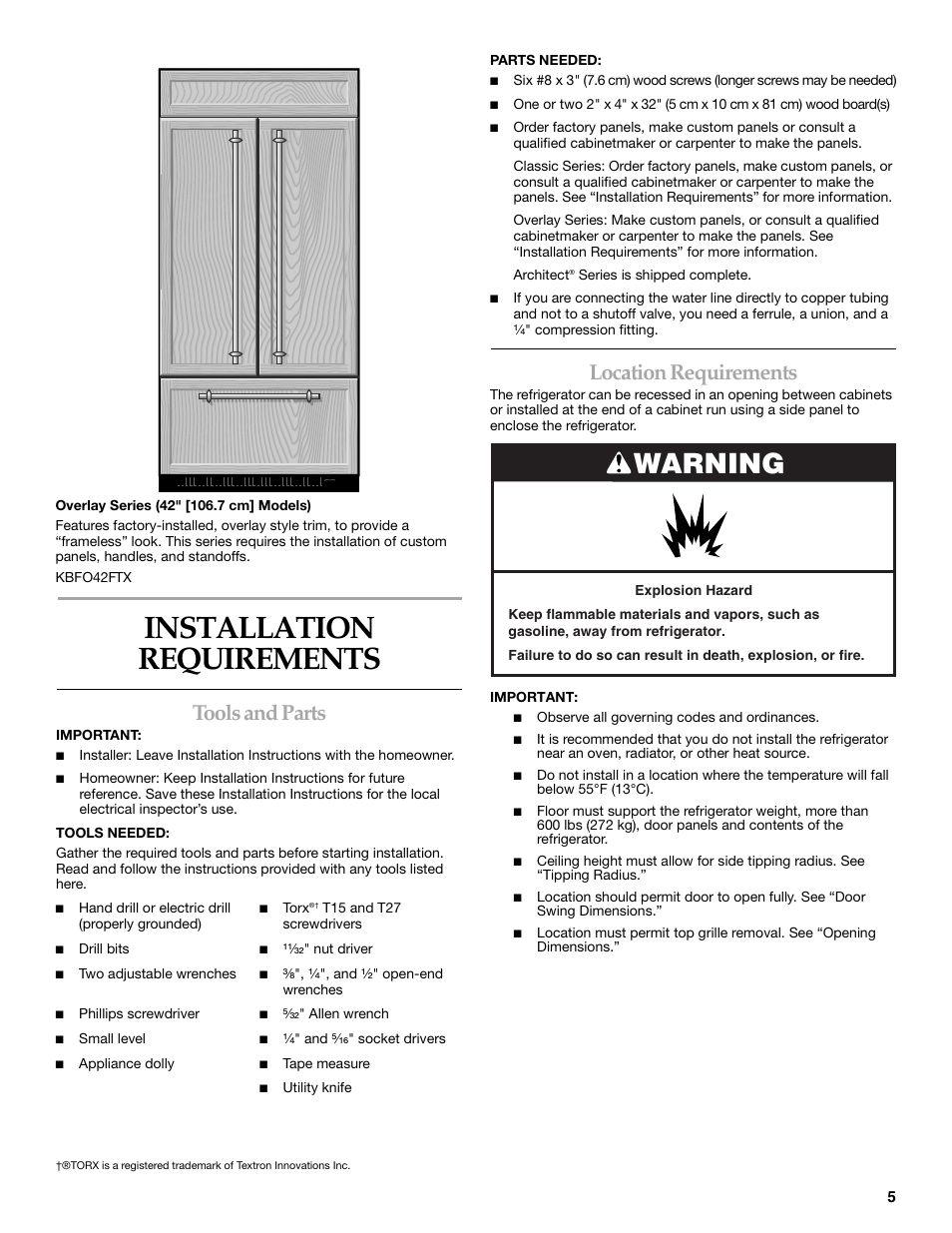 Installation requirements, Warning, Tools and parts | Location requirements | KITCHENAID Bottom-Mount Built-In Refrigerator User Manual | Page 5 / 84