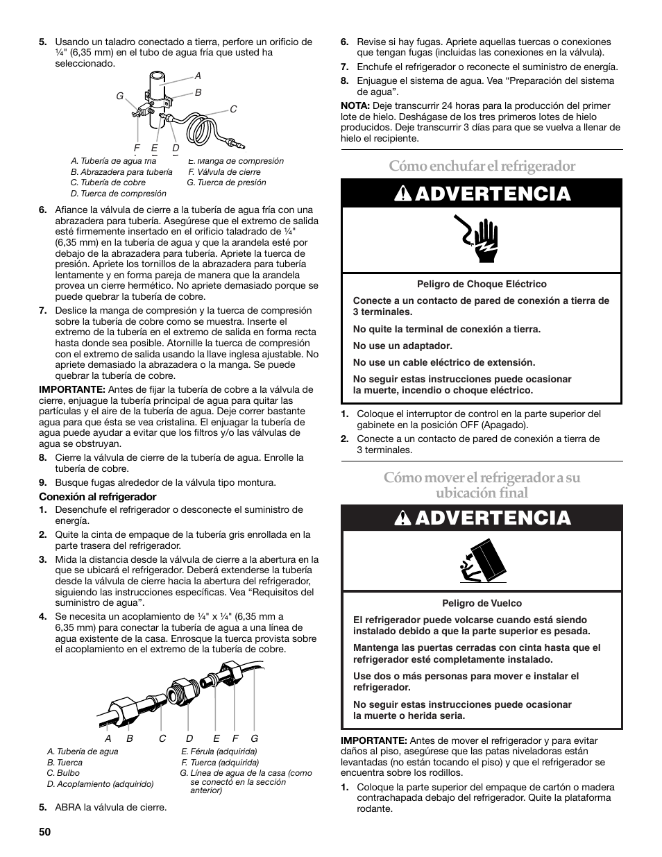 Advertencia, Cómo enchufar el refrigerador, Cómo mover el refrigerador a su ubicación final | KITCHENAID Bottom-Mount Built-In Refrigerator User Manual | Page 50 / 84