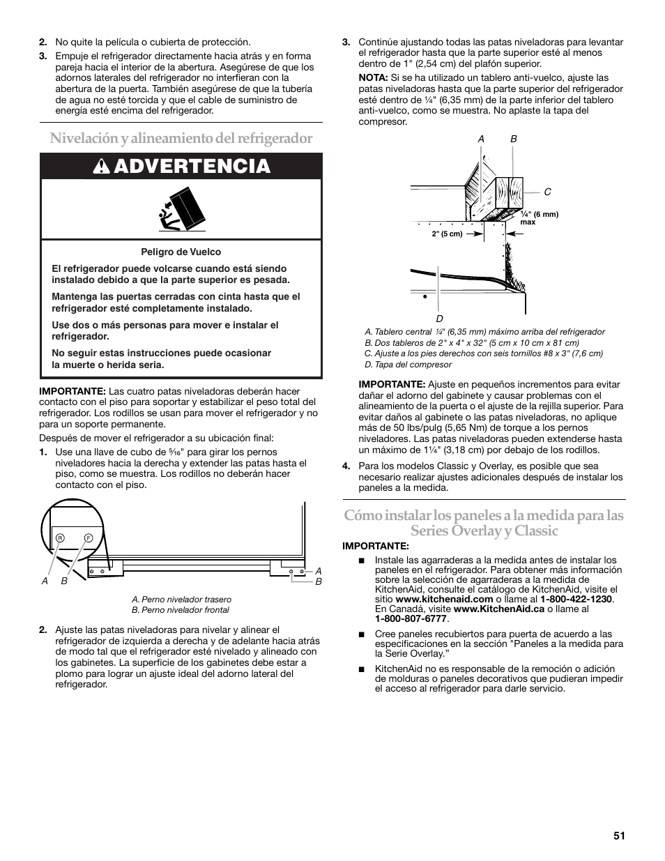 Advertencia, Nivelación y alineamiento del refrigerador | KITCHENAID Bottom-Mount Built-In Refrigerator User Manual | Page 51 / 84