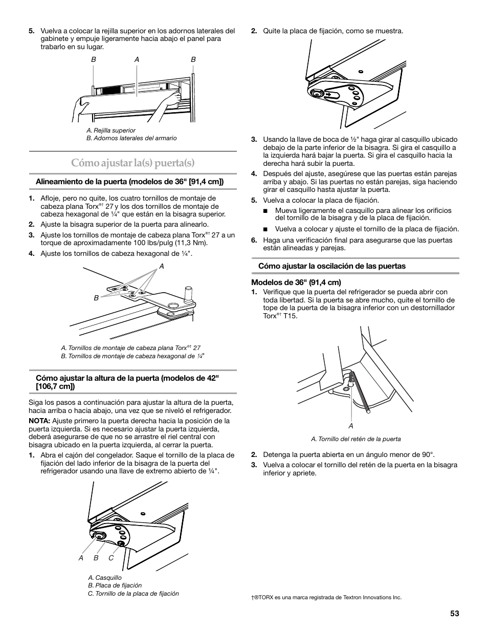 Cómo ajustar la(s) puerta(s) | KITCHENAID Bottom-Mount Built-In Refrigerator User Manual | Page 53 / 84