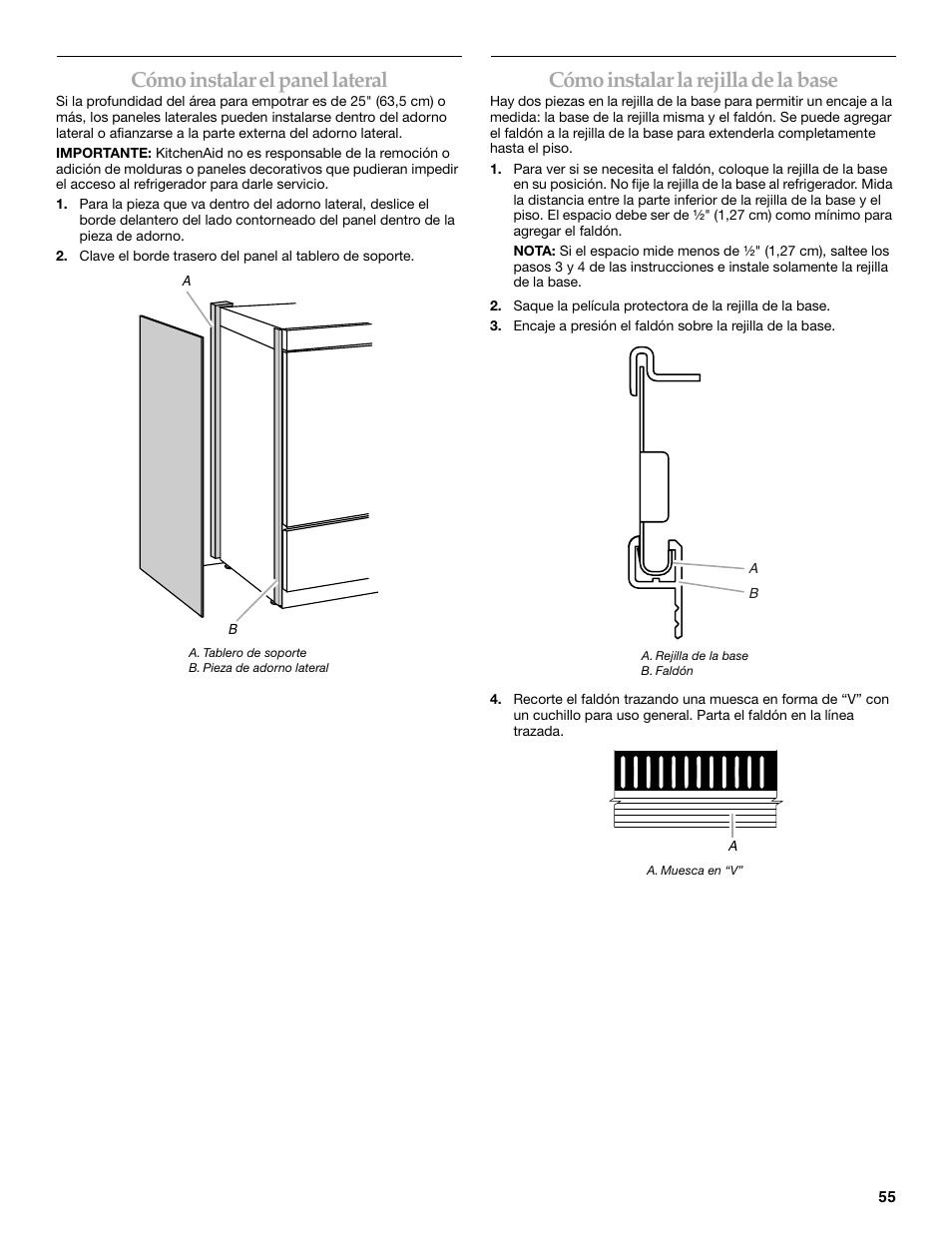 Cómo instalar el panel lateral, Cómo instalar la rejilla de la base | KITCHENAID Bottom-Mount Built-In Refrigerator User Manual | Page 55 / 84