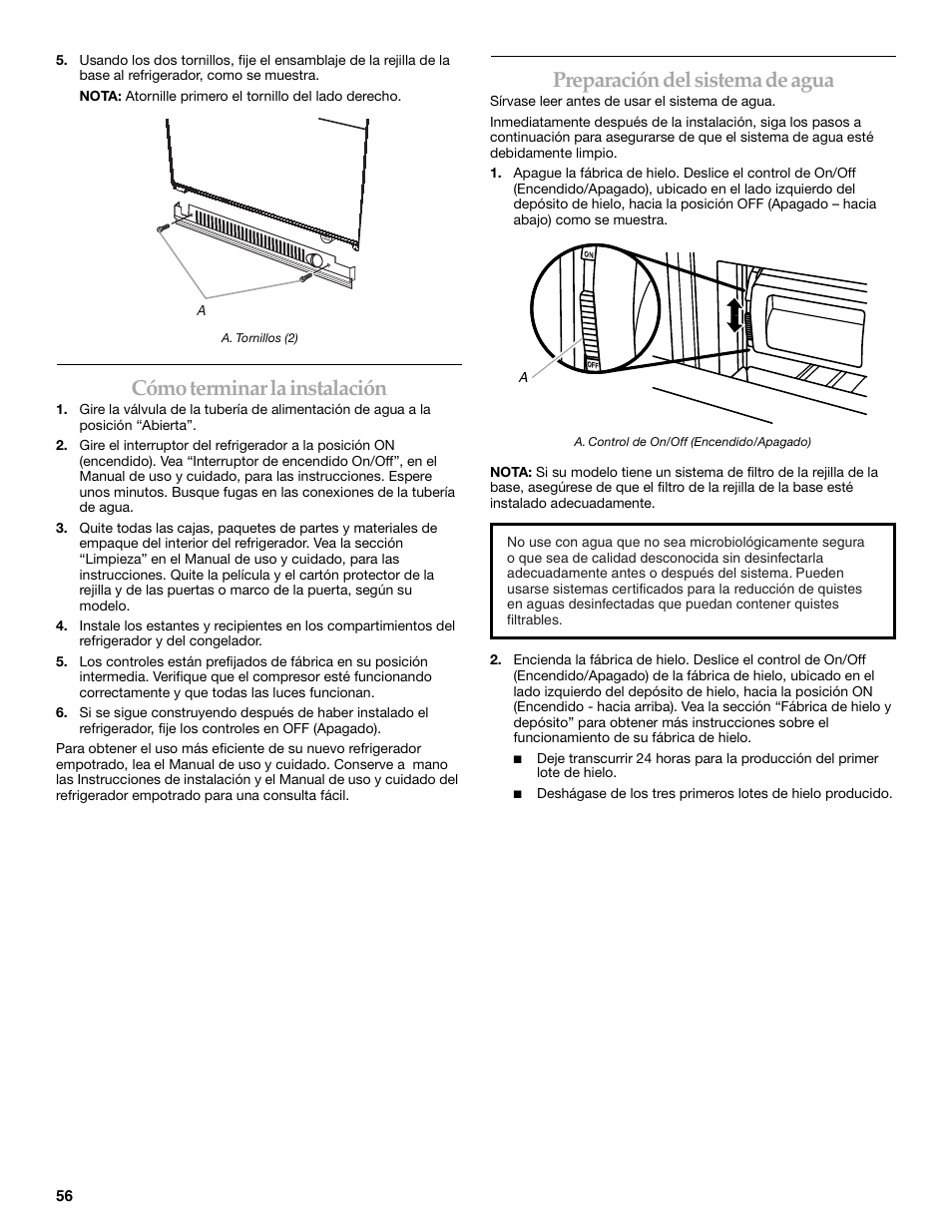Cómo terminar la instalación, Preparación del sistema de agua | KITCHENAID Bottom-Mount Built-In Refrigerator User Manual | Page 56 / 84