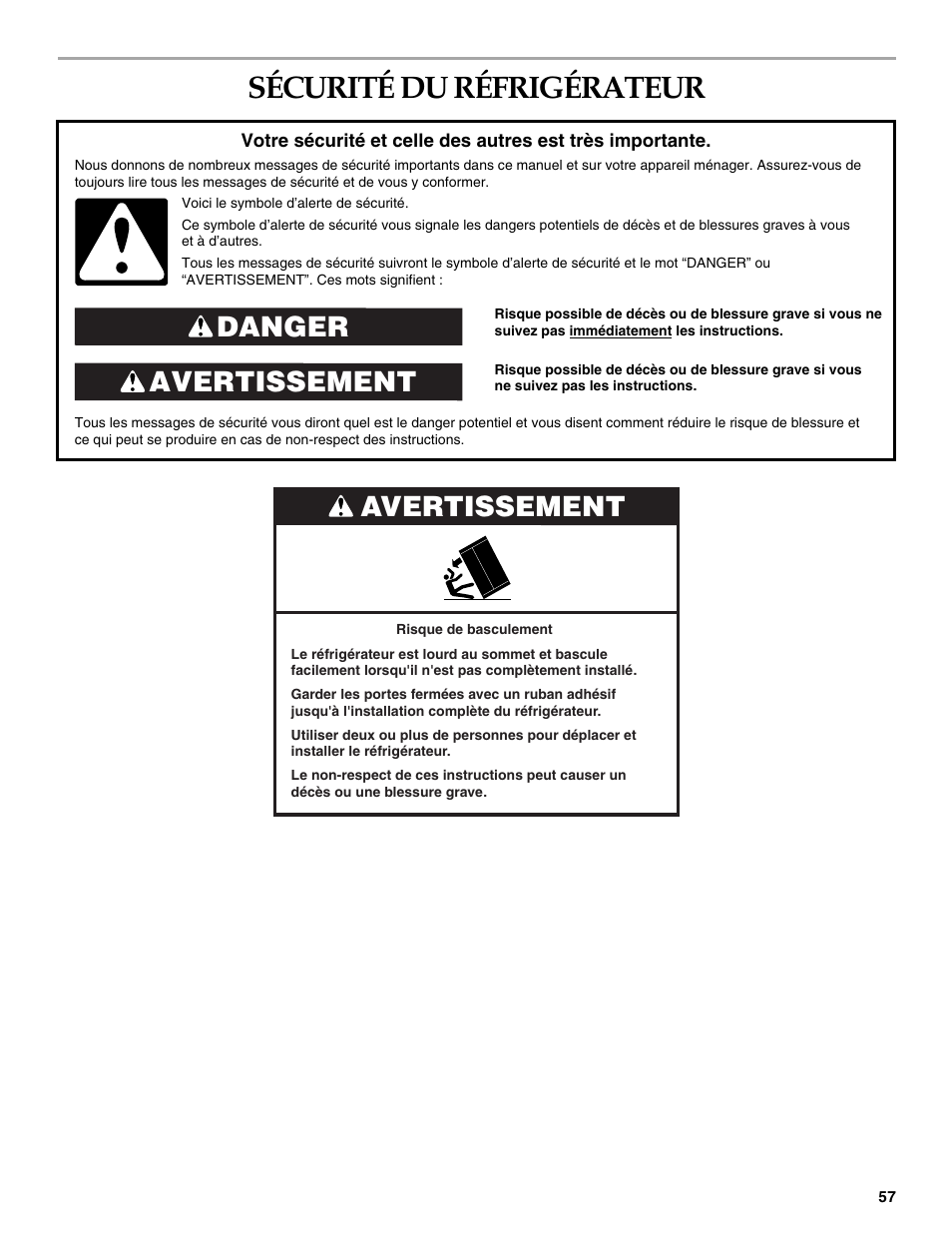 Sécurité du réfrigérateur, Avertissement danger, Avertissement | KITCHENAID Bottom-Mount Built-In Refrigerator User Manual | Page 57 / 84