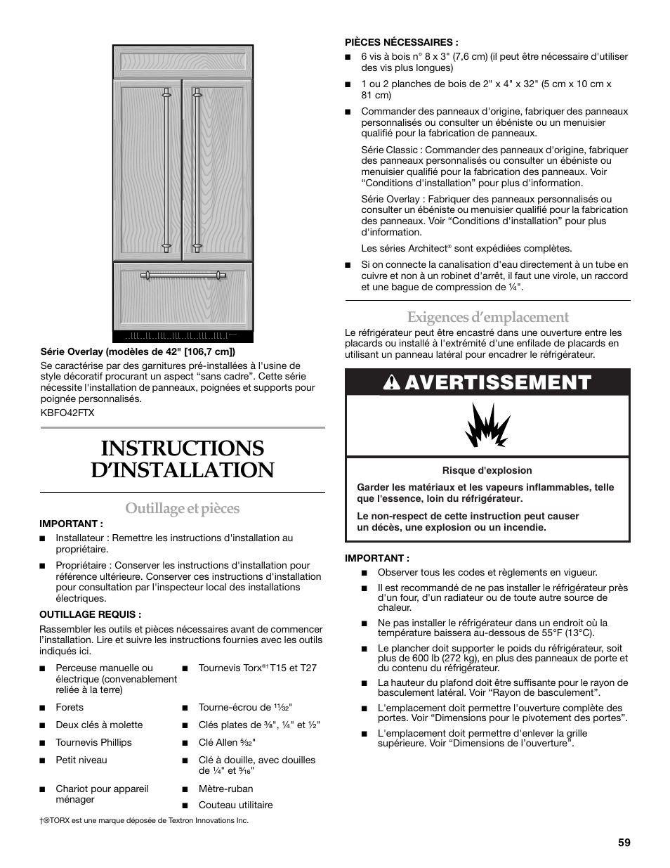 Instructions d’installation, Avertissement, Outillage et pièces | Exigences d’emplacement | KITCHENAID Bottom-Mount Built-In Refrigerator User Manual | Page 59 / 84