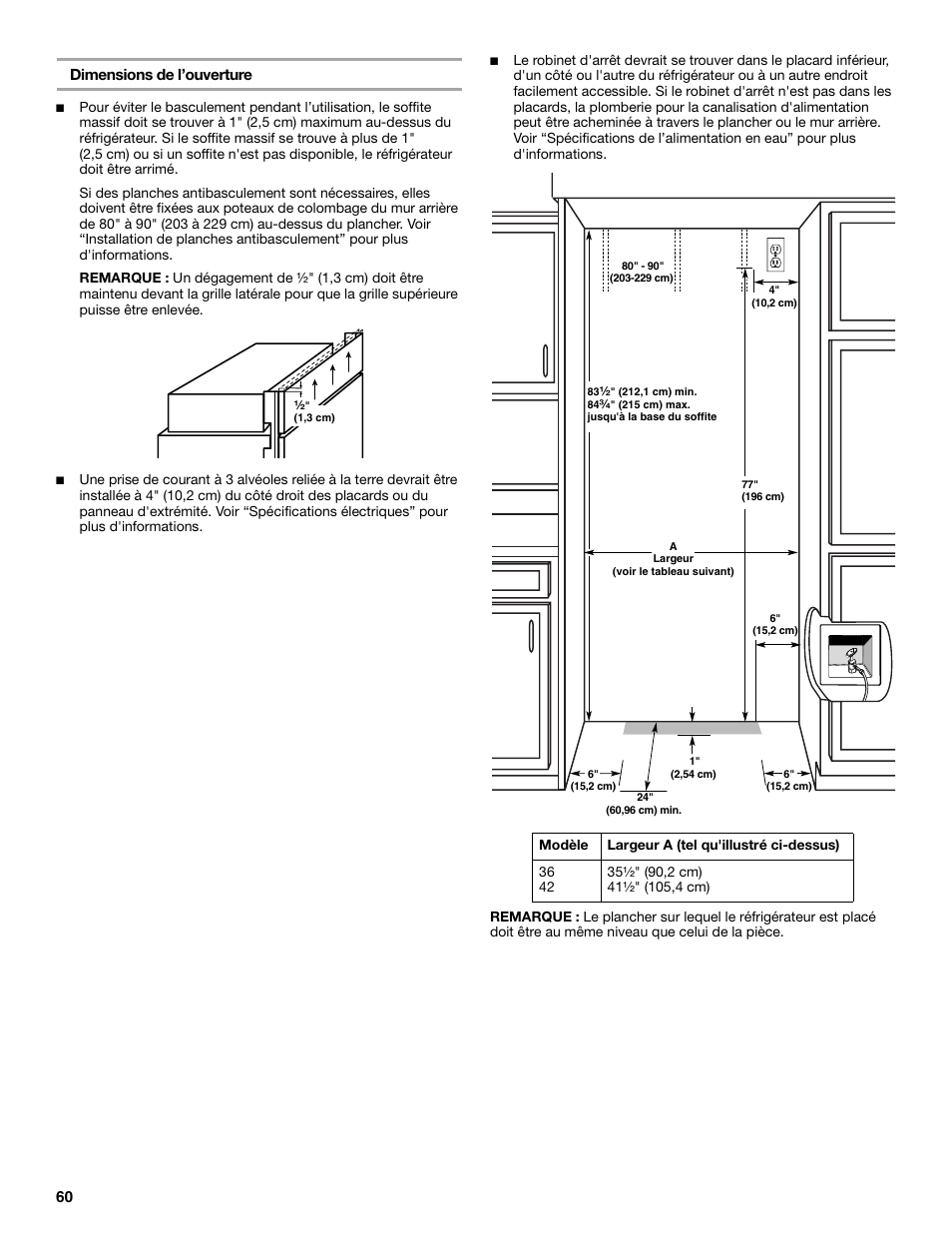 60 dimensions de l’ouverture | KITCHENAID Bottom-Mount Built-In Refrigerator User Manual | Page 60 / 84