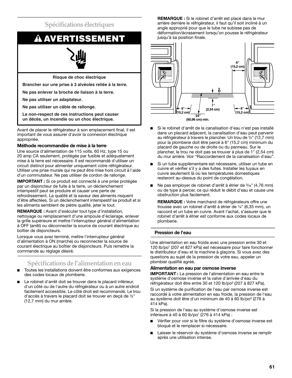 Avertissement, Spécifications électriques, Spécifications de l’alimentation en eau | KITCHENAID Bottom-Mount Built-In Refrigerator User Manual | Page 61 / 84