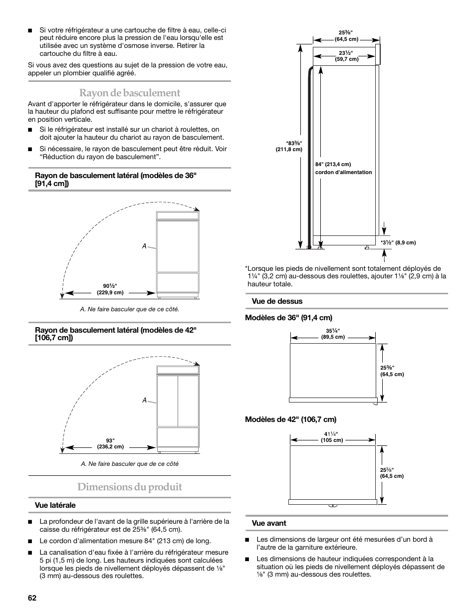 Rayon de basculement, Dimensions du produit | KITCHENAID Bottom-Mount Built-In Refrigerator User Manual | Page 62 / 84